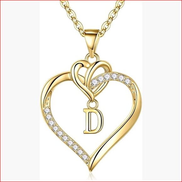 Jewelry - 14K Gold Plated Heart Initial Pendant Necklace with CZ Stone